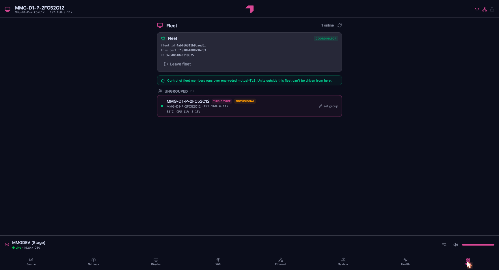 MMG D:ONE web interface — fleet view with mutual-TLS peer control
