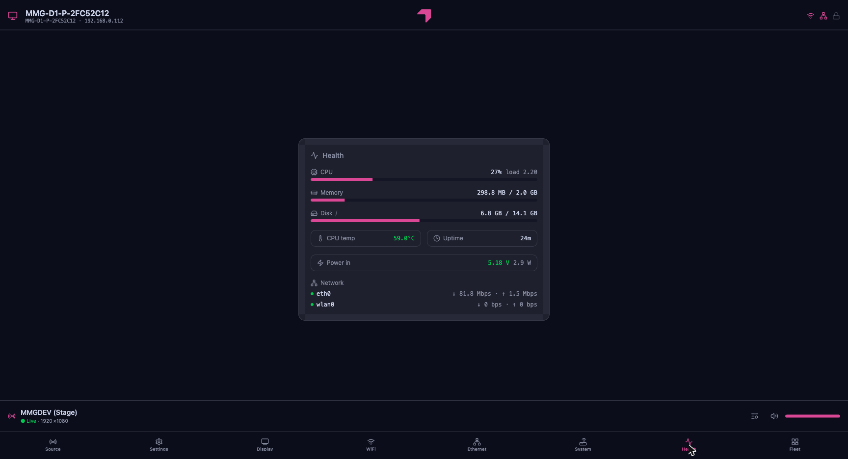MMG D:ONE web interface — device health, temperature and input voltage