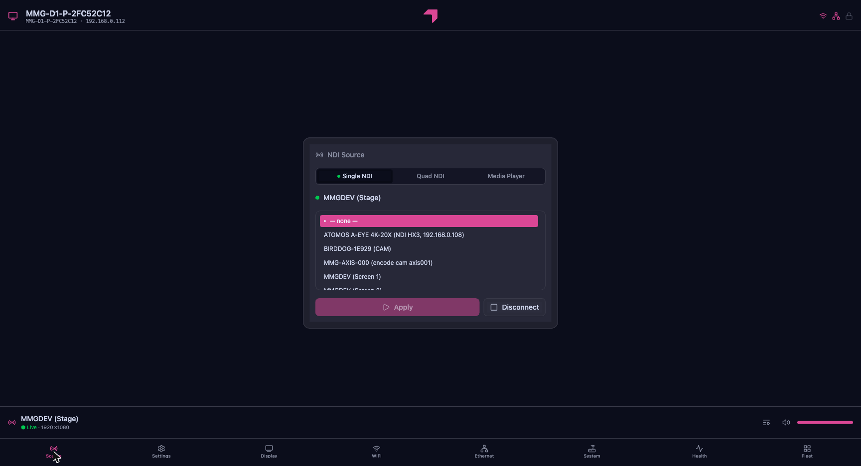 MMG D:ONE interface — choosing an NDI source