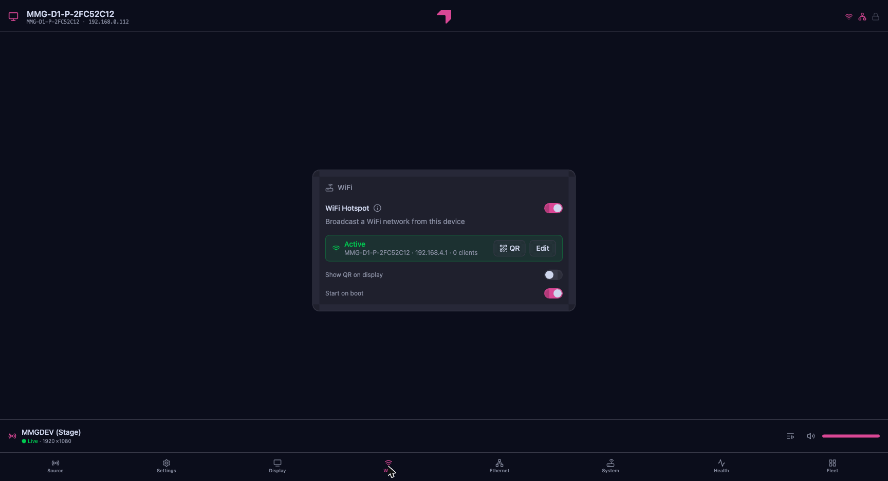MMG D:ONE interface — built-in WiFi hotspot with scan-to-join QR